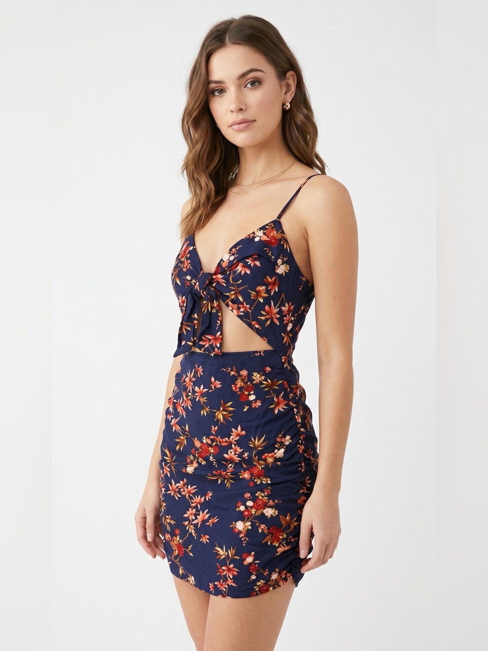 Forever 21 Navy Floral Tie-Front Mini Dress